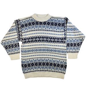 Vtg American Pride Women M Sweater White Blue Nordic Winter Fair Isle Mock Neck